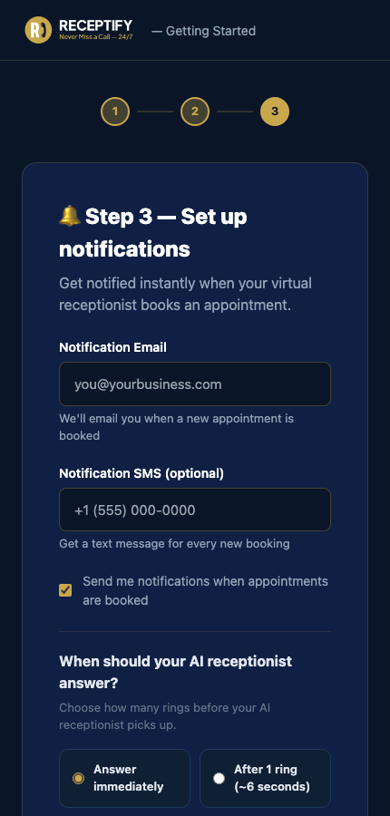 Receptify onboarding — Set up notifications screen showing Notification Email, Notification SMS fields and opt-in checkbox