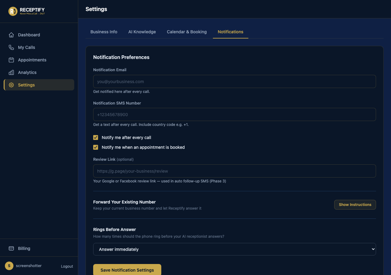 Receptify Settings — Notifications tab showing email, SMS number, and notification checkboxes
